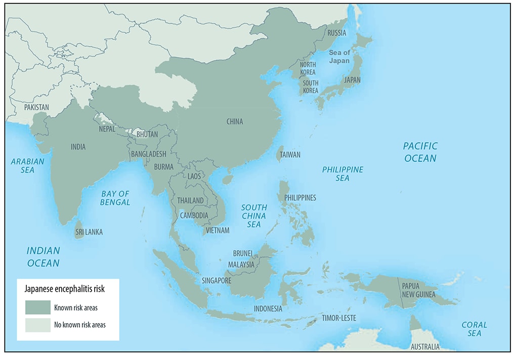 This figure is a map showing the approximate geographic range of Japanese encephalitis throughout most of Asia and parts of the western Pacific. The map has shading indicating known risk areas and no known risk areas.