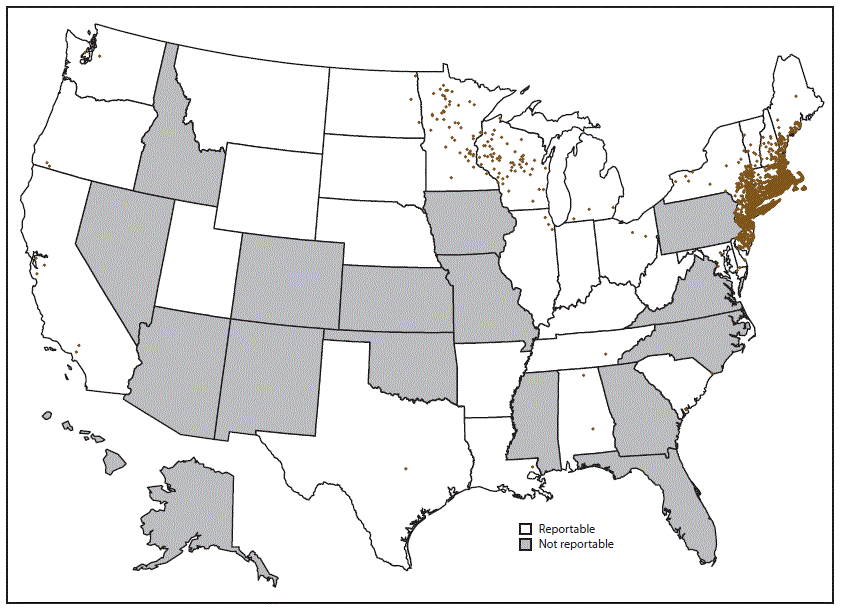 Map of the United States shows the number of reported cases of babesiosis by patient’s county of residence for 2015. A total of 2,074 cases were reported to CDC.
