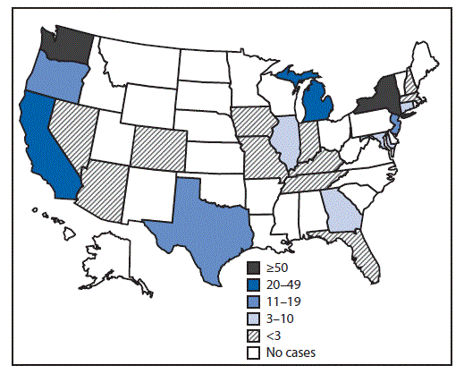 The figure is a map of the United States indicating the number of reported measles cases for each state during January 1–April 26, 2019.