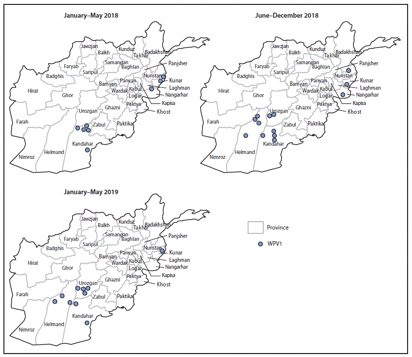 The figure consists of three maps of Afghanistan showing the location of wild poliovirus 1 cases, by province, during January 2018–May 2019.