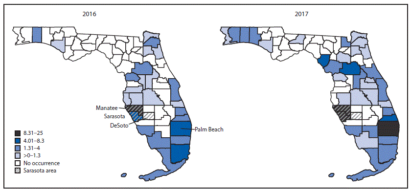 The figure is a map showing carfentanil-involved deaths per 100,000 population, by county where death occurred, in Florida, during 2016 and 2017.