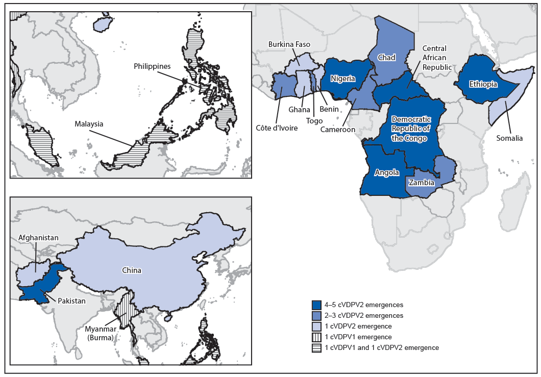 The figure consists of maps showing selected countries in Africa and Asia with ongoing circulating vaccine-derived poliovirus outbreaks during July 2019–February 2020.