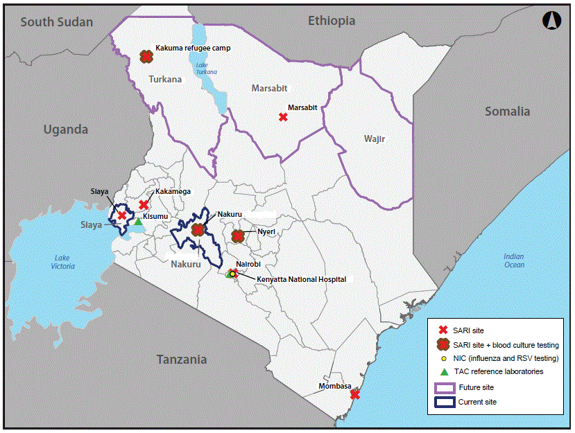 The figure is a map of Kenya showing the current and proposed sites that were implementing severe acute respiratory illness (SARI) and event-based surveillance as of April 2020, as part of the Detection and Response to Respiratory Events (DaRRE) strategy.