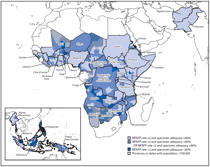 The figure is a map showing the combined performance indicators for the quality of acute flaccid paralysis surveillance in subnational areas of 40 countries identified by the World Health Organization as priority countries the in the African, Eastern Mediterranean, South-East Asia, and Western Pacific regions in 2019. 