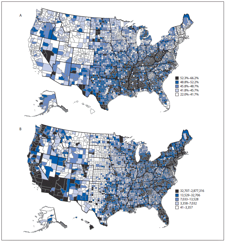 The figure is map showing model-based estimates of U.S. prevalence (A) and number (B) of adults aged ≥18 years with any selected underlying medical condition, by county, in the United States, in 2018.
