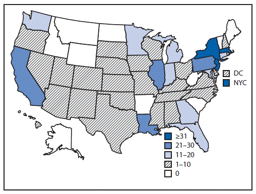 The figure is a map of the United States showing the geographic distribution of 570 reported cases of multisystem inflammatory syndrome in children during March–July 2020.