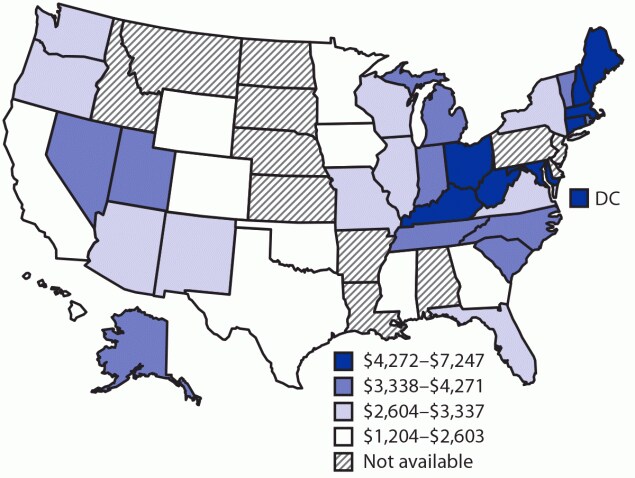 The figure is a map of the United States illustrating the per capita combined costs of opioid use disorder and fatal opioid overdose in the United States for 2017.