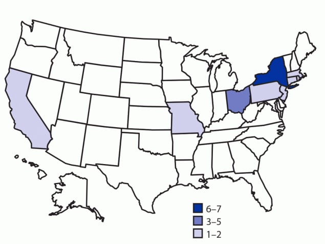 The figure is a map of the United States showing the states in which 21 patients who were infected with the outbreak strain of Escherichia coli O26 lived during December 2018–May 2019.
