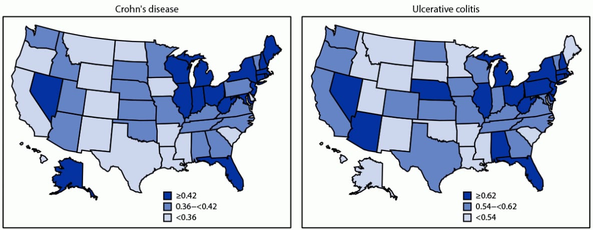 The figure comprises two maps of the United States showing the age-adjusted prevalence of Crohn’s disease and ulcerative colitis among 25.1 million Medicare fee-for-service beneficiaries in the United States for 2018.