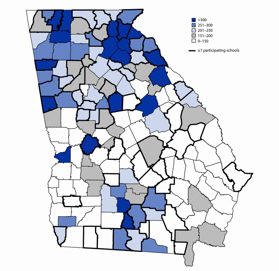 The figure is a map showing the county-level COVID-19 incidence on December 1, 2020, among counties with one or more participating elementary schools and counties without participating schools, in Georgia, during November 16−December 11, 2020.