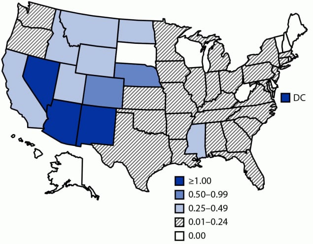 Figure is a map showing incidence of reported cases of West Nile virus neuroinvasive disease by state in the United States in 2019.