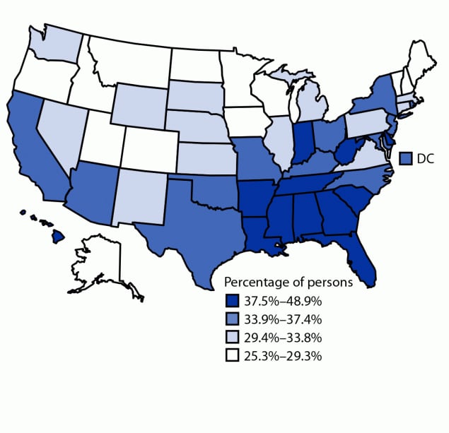 This figure shows the prevalence of short sleep duration among persons aged 4 months through 17 years, by state, from the National Survey of Children’s Health in the United States during 2016–2018.