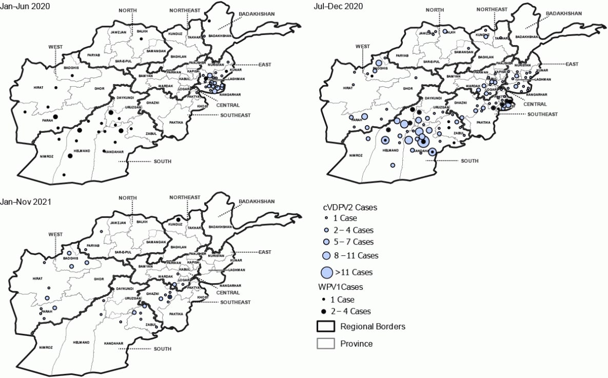This figure comprises three maps that show cases of wild poliovirus type 1 and circulating vaccine-derived poliovirus type 2 by province in Afghanistan during January 2020–November 2021.