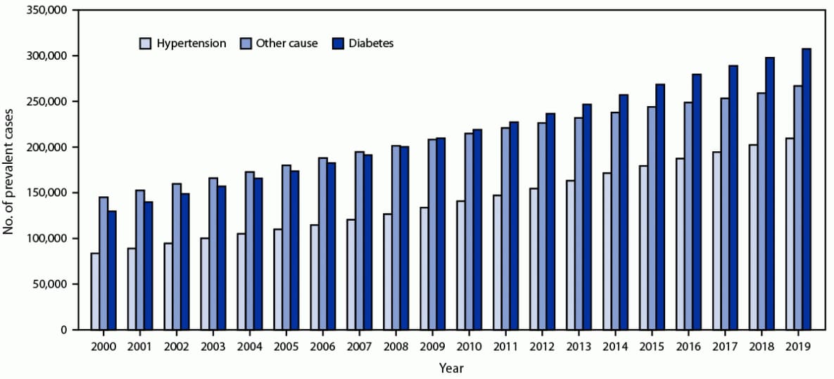This figure is a histogram showing the number of reported prevalent cases of end-stage kidney disease by primary cause in the United States during 2000–2019.