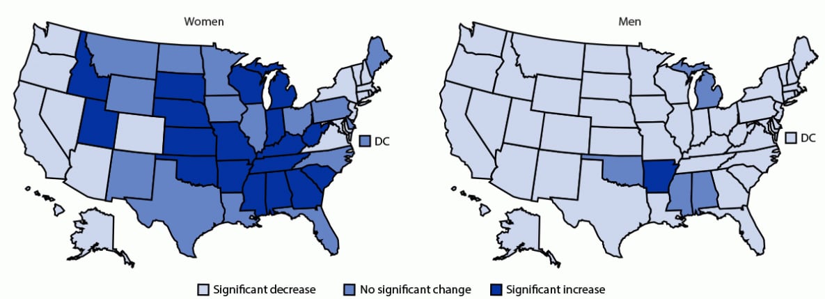 The figure is a set of two maps of the United States that show the state-level changes in sex-specific age-adjusted chronic obstructive pulmonary disease mortality rates among adults aged ≥25 years during 1999–2019.