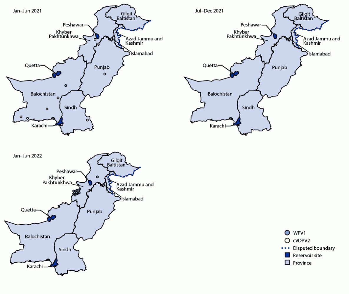 The figure is a map of Pakistan showing locations of cases of wild poliovirus type 1 and circulating vaccine-derived poliovirus type 2 during January 2021–June 2022.
