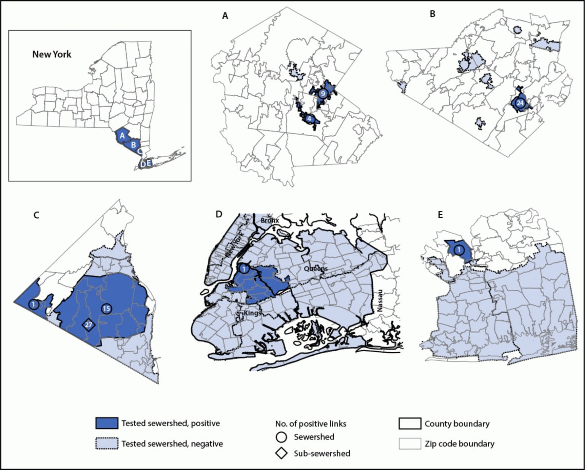 This figure consists of a series of six maps illustrating sewersheds in Sullivan (A), Orange (B), Rockland (C), Kings and Queens (D), and Nassau (E) counties in New York where detections of poliovirus type 2 genetically linked to virus isolated from a paralytic polio patient occurred during March 9–October 11, 2022.