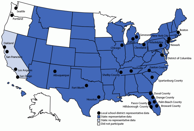 Figure is a map of the United States indicating the state, tribal government, territorial, and local school district sites that administered Youth Risk Behavior Surveys in 2021.