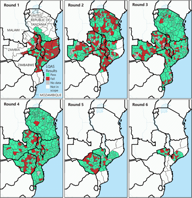 The figure includes six maps showing the bivalent oral poliovirus vaccine supplementary immunization activity quality as assessed by six lot quality assurance sampling surveys, by supplementary immunization activity and district in five outbreak response countries in southeastern Africa during 2022.