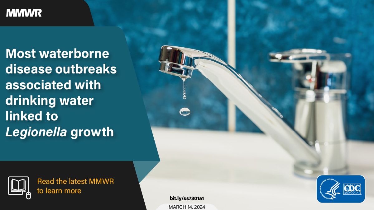 The figure is an image of a leaky sink faucet and text that reads, “Most waterborne disease outbreaks associated with drinking water linked to Legionella growth.”