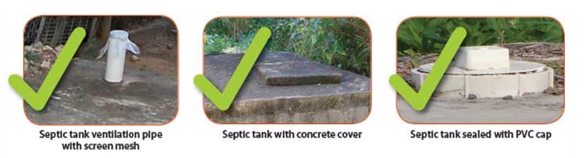 septic tank ventilation pipe with screen mesh, septic tank with concrete cover, and a septic tank sealed with PVC cap