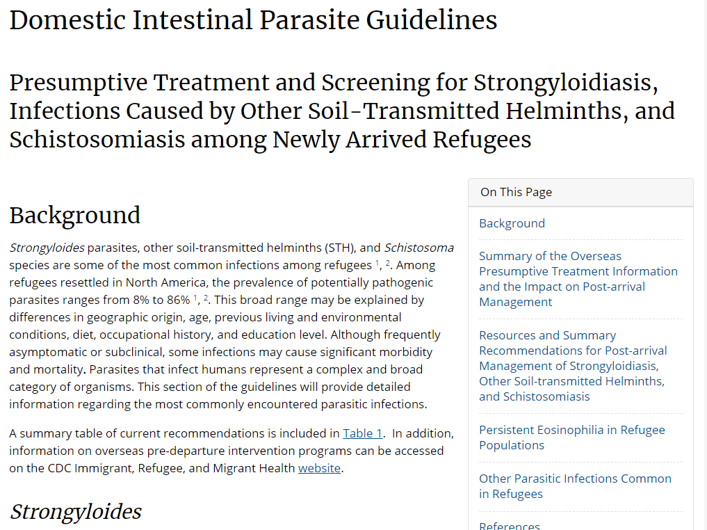 Screenshot image of a Centers for Disease Control and Prevention website that provides Domestic intestinal parasite guidelines to medical professionals. At the top of the website is a heading “domestic intestinal parasite guidelines “ in black font. The background of the website is white. The image includes rationale for having this information on the website and text information about intestinal parasites.