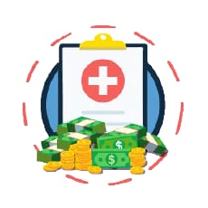 A cartoon icon of a medical chart and stacks of money around the chart.