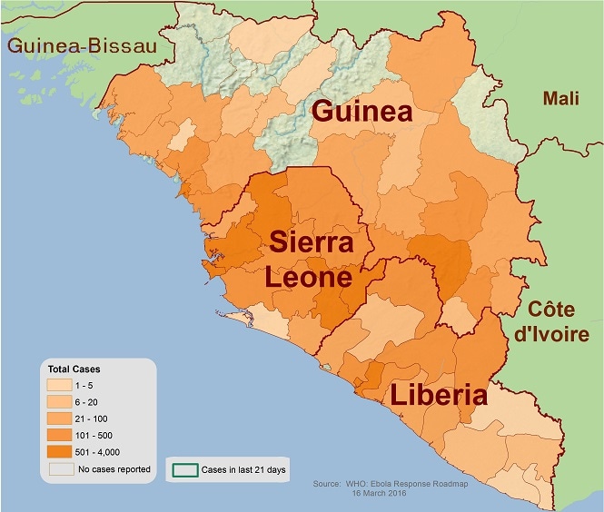 Distribution map of 2016 ebola cases across West Africa.