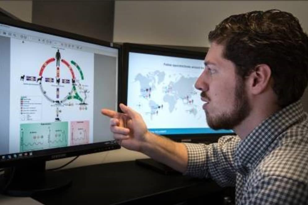 A scientist looks at data, diagrams, and maps on a computer screen.