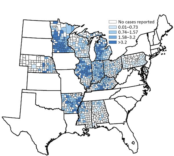 Map of the eastern United States showing the rate of histoplasmosis diagnoses per 100,000 people as reported in 12 states, with the highest occurrence in the Midwest