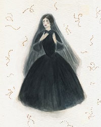 Costume design for one of The Twelve Mourning Mothers on a ground of Streptococcus Pyogenes, the bacteria responsible for most cases of Childbed Fever.