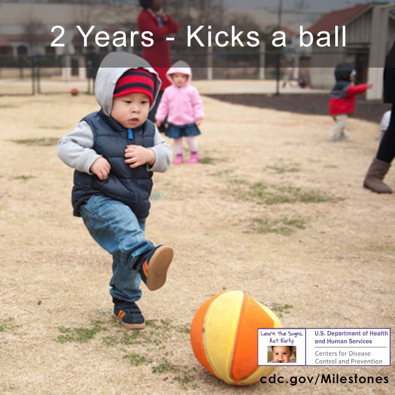 The child in this photo is kicking a ball, a 2-year movement/physical development milestone.