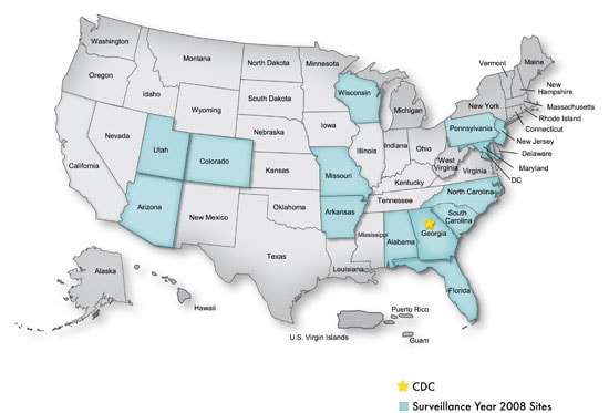 Map: ADDM States for 2008 - Alabama, Arizona, Arkansas, Colorado, Florida, Georgia, Missouri, North Carolina, Pennsylvania, South Carolina, Utah, and Wisconsin