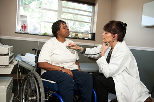 Female doctor examining a female patient who is in a wheelchair