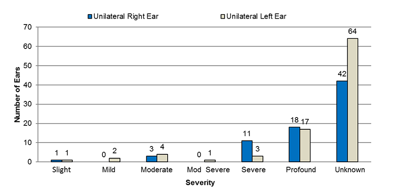 Among unilateral auditory neuropathy cases, in the right ear, 1 had slight, 0 had mild, 3 had moderate, 0 had moderately severe, 11 had severe, 18 had profound and 42 had an unknown severity of hearing loss. In the left ear, 1 had slight, 2 had mild, 4 had moderate, 1 had moderately severe, 3 had severe, 17 had profound and 64 had an unknown severity of hearing loss.