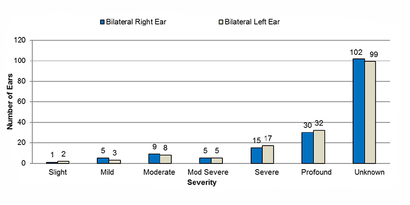 Among bilateral auditory neuropathy cases, in the right ear, 1 had slight, 5 had mild, 9 had moderate, 5 had moderately severe, 15 had severe, 30 had profound and 102 had an unknown severity of hearing loss. In the left ear, 2 had slight, 3 had mild, 8 had moderate, 5 had moderately severe, 17 had severe, 32 had profound and 99 had an unknown severity of hearing loss.