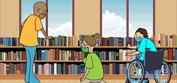 Illustration showing a library where the bookshelves are easily accessible to all.