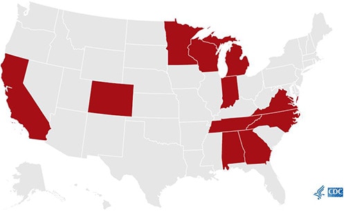 A map of the United States with 11 states shaded in red to indicate their participation in the SCDC program. The states shaded are California, Colorado, Minnesota, Wisconsin, Michigan, Indiana, Virginia, Tennessee, North Carolina, Alabama, and Georgia.