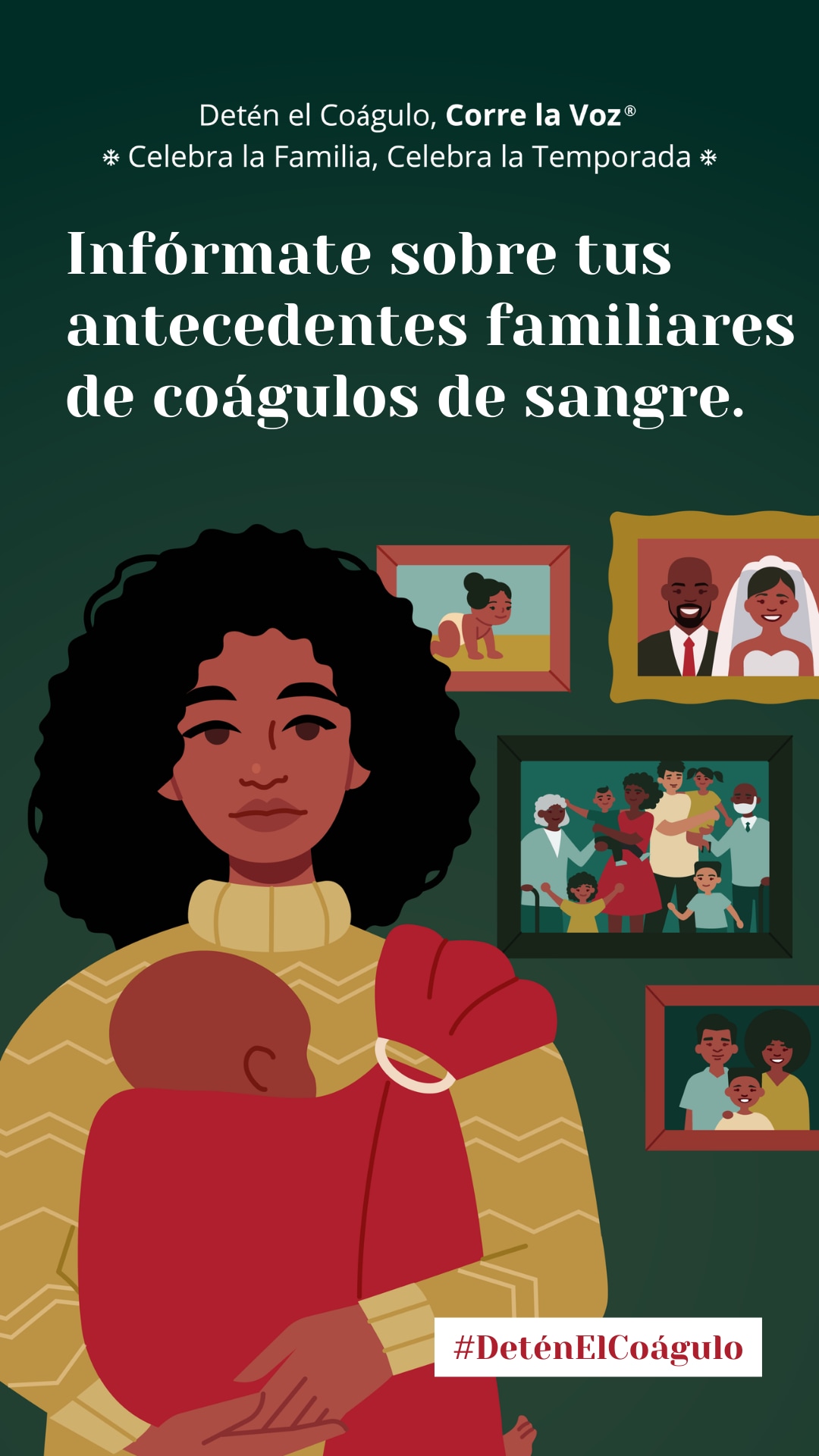 Ilustración de una nueva mamá frente a fotos de su familia. Conozca su historial familiar de coágulos sanguíneos. hashtag detener el coágulo.