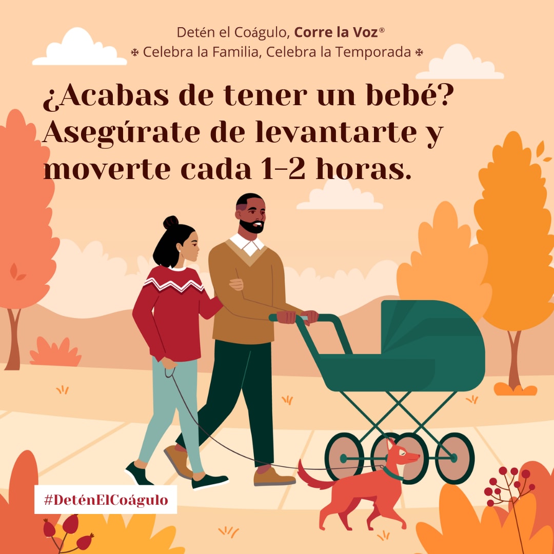 Ilustración de nuevos padres caminando con su bebé en un cochecito. ¿Acaba de tener un bebé? Asegúrese de moverse cada 1 a 2 horas.