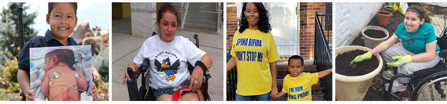 Collage de fotos que muestran a personas con espina bífida viviendo vidas saludables