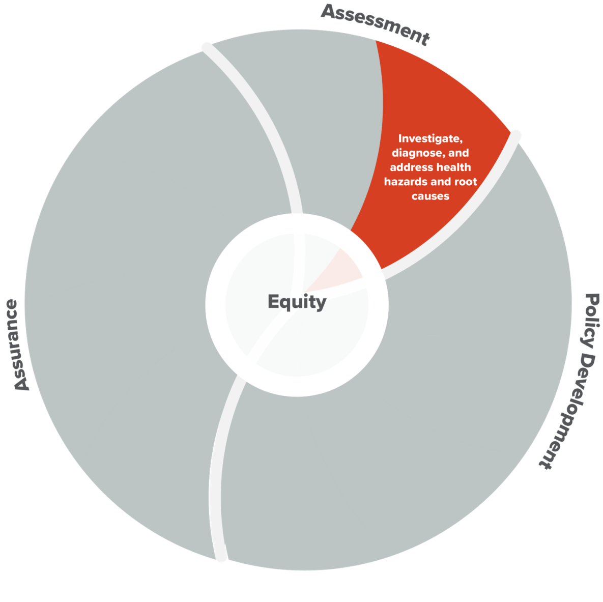 Public health wheel showing essential service 2 in dark color, with equity at the center.