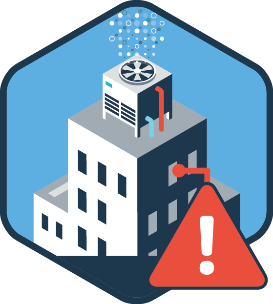 Icon with a building and exclamation over it to signify danger from the cooling towers.