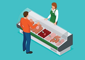 Graphic image of a deli counter with a customer speaking to food worker.