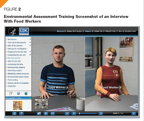 Figure 2 is an image of a screen shot of the online environmental assessment training on food illness outbreaks. The main image is of two food workers sitting down to be interviewed by an outbreak investigator. This is part of the “Site Visit Exercise” portion of the training.