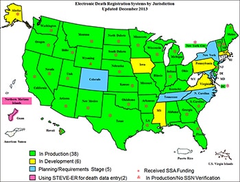 Map shows the various stages of the Electronic Death Registration upgrading now underway.