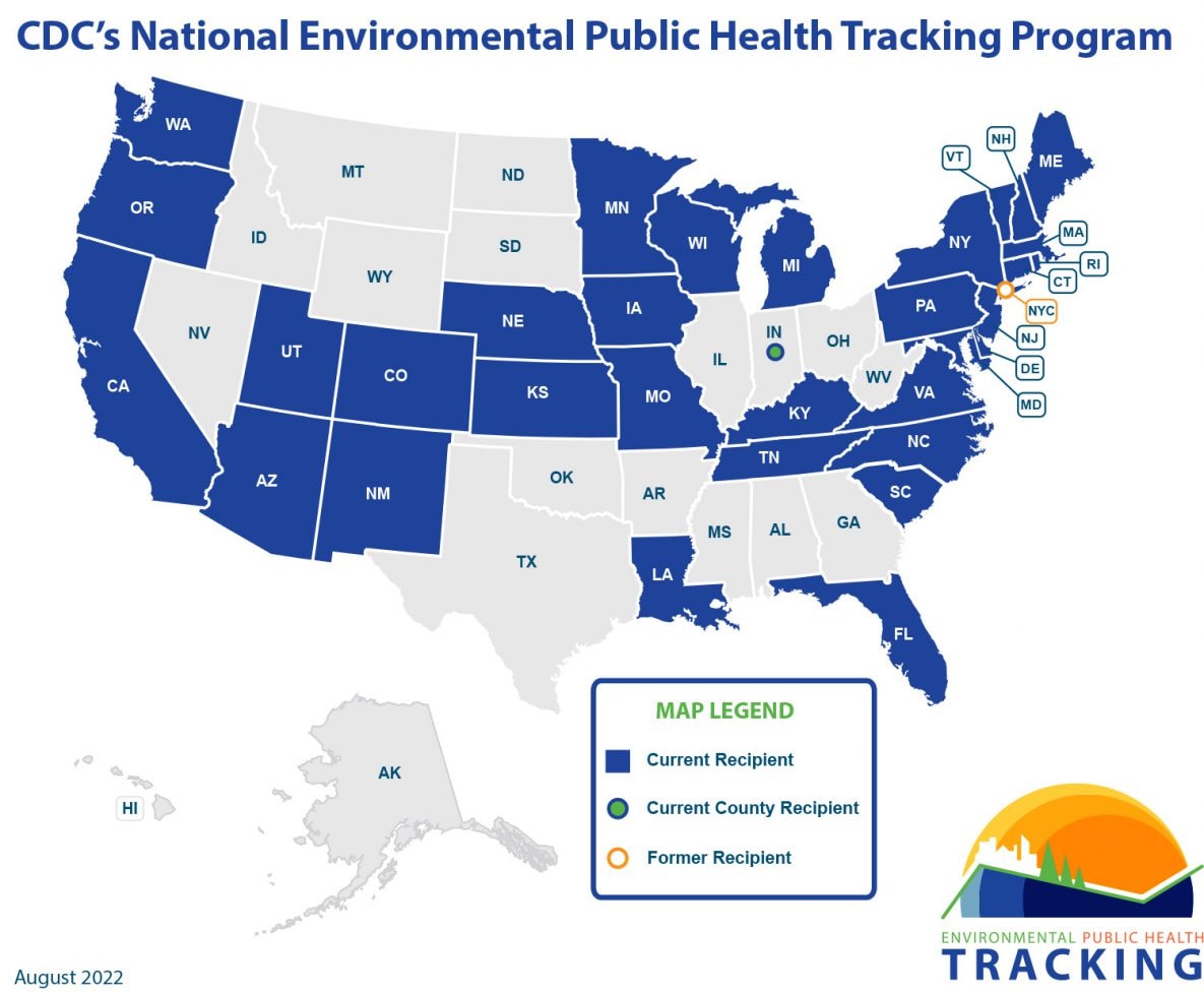U.S. Map identifying CDC's Tracking Program's current and former grant recipients