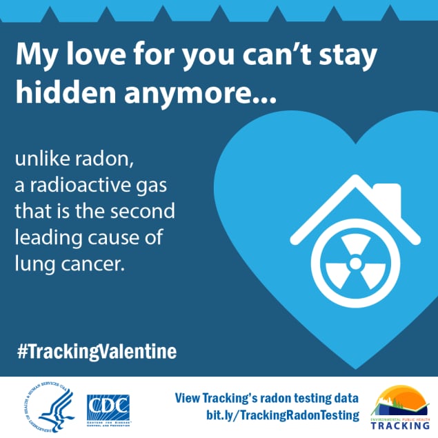 Blue heart with radiation icon and text: My love for you can’t stay hidden anymore…unlike radon, a radioactive gas that the second leading cause of lung cancer.