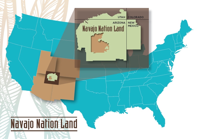 map of U.S. with a highlight of a section of Arizona with the label Navajo Nation Land
