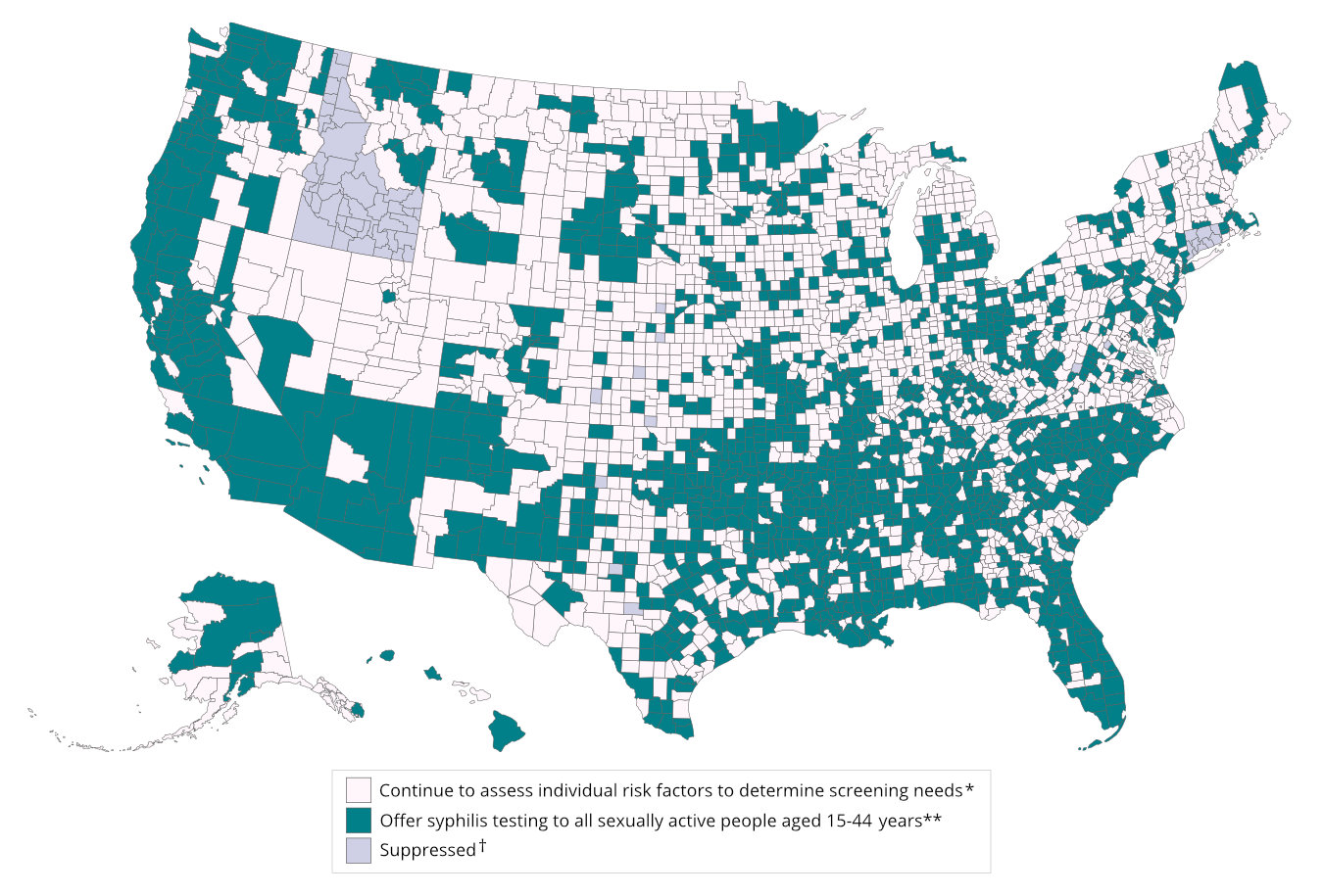 Map that depicts County-Level Syphilis Rates. Accessible data follows the map.